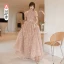 Fashion Champagne Bridesmaid Dresses 2021 A-Line / Princess Square Neckline Star Lace Sequins Bow Short Sleeve Backless Floor-Length / Long Bridesmaid Wedding Party Dresses