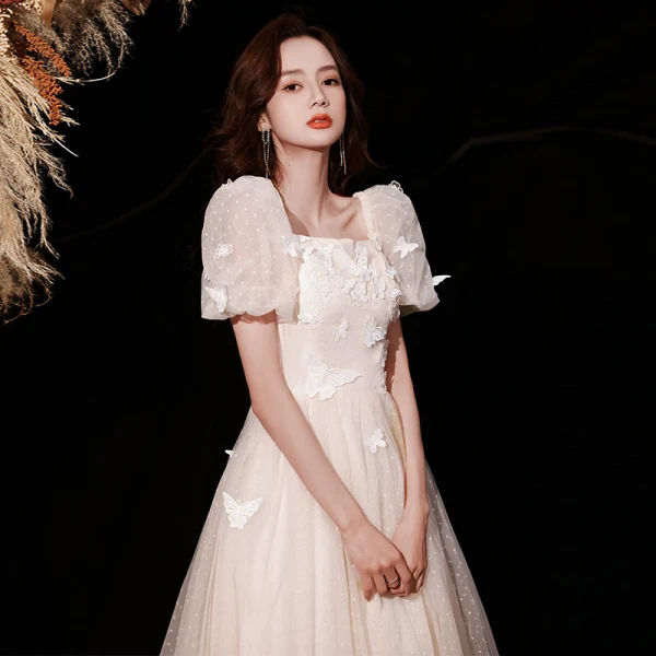 Elegant Champagne Lace Butterfly Prom Dresses 2021 A-Line / Princess Square Neckline Short Sleeve Backless Floor-Length / Long Prom Formal Dresses