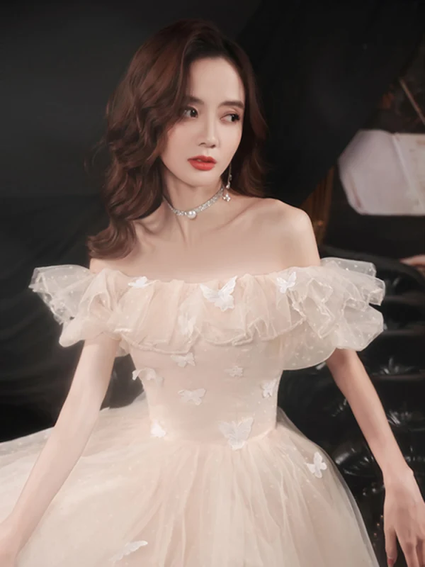Modern / Fashion Champagne Lace Butterfly Prom Dresses 2021 A-Line / Princess Off-The-Shoulder Puffy Short Sleeve Backless Floor-Length / Long Prom Formal Dresses