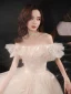 Modern / Fashion Champagne Lace Butterfly Prom Dresses 2021 A-Line / Princess Off-The-Shoulder Puffy Short Sleeve Backless Floor-Length / Long Prom Formal Dresses