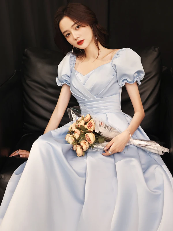Vintage / Retro Sky Blue Prom Dresses 2021 A-Line / Princess Square Neckline Puffy Short Sleeve Backless Floor-Length / Long Prom Formal Dresses