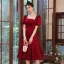 Modest / Simple Burgundy Homecoming Graduation Dresses 2021 A-Line / Princess Square Neckline Short Sleeve Backless Tea-length Formal Dresses