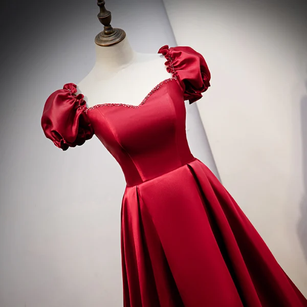 Vintage / Retro Burgundy Satin Prom Dresses 2021 A-Line / Princess Rhinestone Square Neckline Cap Sleeves Backless Floor-Length / Long Formal Dresses