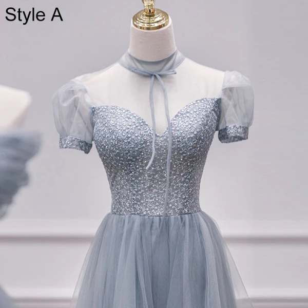 Modest / Simple Sky Blue Bridesmaid Dresses 2021 A-Line / Princess Short Sleeve Backless Beading Pearl Floor-Length / Long Bridesmaid Wedding Party Dresses