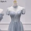 Modest / Simple Sky Blue Bridesmaid Dresses 2021 A-Line / Princess Short Sleeve Backless Beading Pearl Floor-Length / Long Bridesmaid Wedding Party Dresses