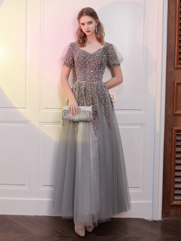 Scintillantes Gris Paillettes Robe De Bal 2021 Princesse Encolure Carrée Manches Courtes Dos Nu Longue Promo Robe De Ceremonie
