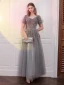Scintillantes Gris Paillettes Robe De Bal 2021 Princesse Encolure Carrée Manches Courtes Dos Nu Longue Promo Robe De Ceremonie