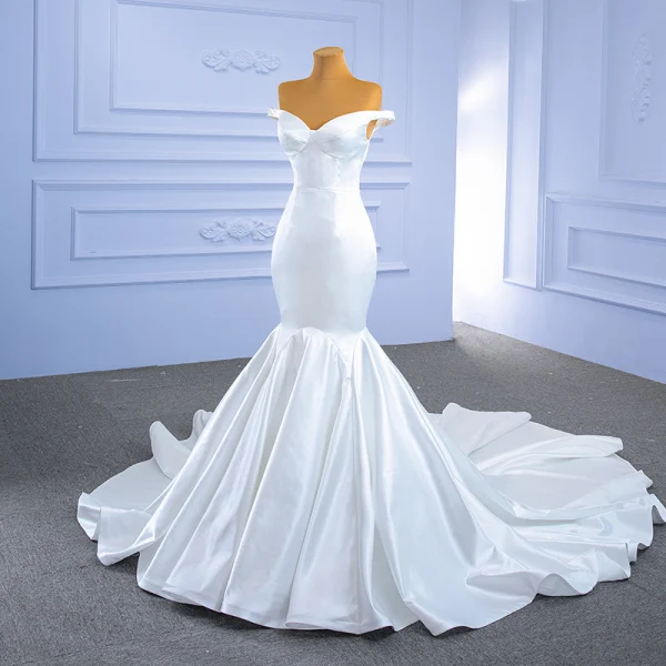 Vintage / Retro Ivory Satin Wedding Dresses 2021 Trumpet / Mermaid Off-The-Shoulder Sleeveless Backless Royal Train Wedding