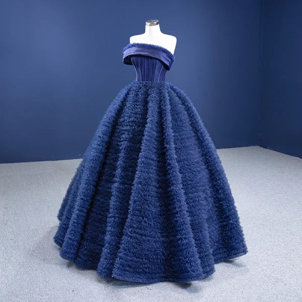 Vintage / Retro Navy Blue Ruffle Prom Dresses 2021 Ball Gown Off-The-Shoulder Sleeveless Backless Floor-Length / Long Prom Formal Dresses