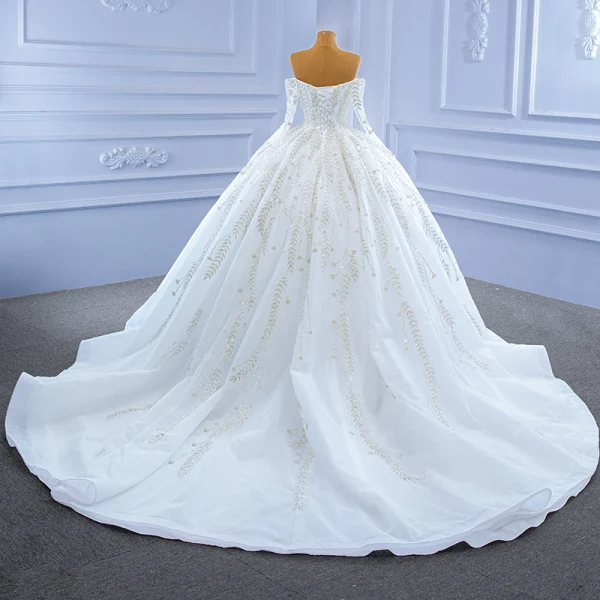 High-end White Wedding Dresses 2021 Ball Gown Off-The-Shoulder Beading Sequins Lace Flower Long Sleeve Backless Royal Train Wedding
