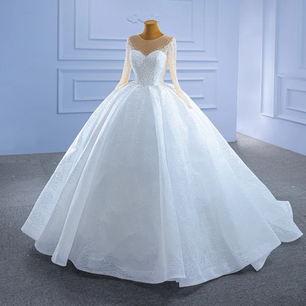 Elegant High-end White Wedding Dresses 2021 Ball Gown Scoop Neck Beading Pearl Sequins Long Sleeve Chapel Train Wedding