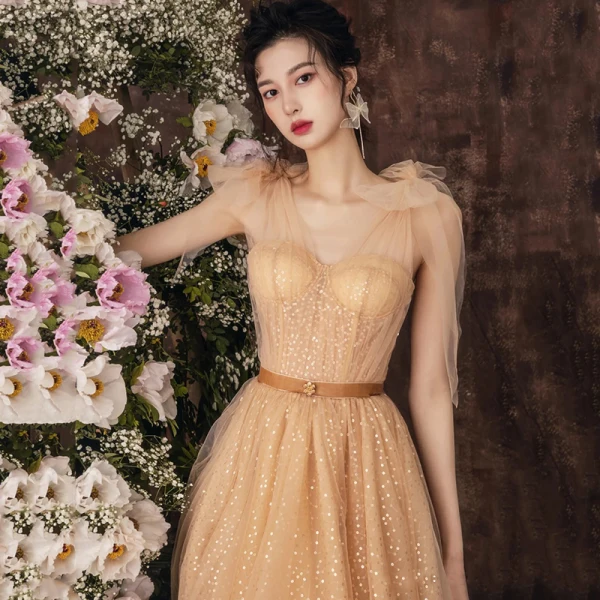 Chic / Beautiful Champagne Sequins Homecoming Graduation Dresses 2021 A-Line / Princess V-Neck Sleeveless Sash Tea-length Formal Dresses
