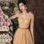 Chic / Beautiful Champagne Sequins Homecoming Graduation Dresses 2021 A-Line / Princess V-Neck Sleeveless Sash Tea-length Formal Dresses