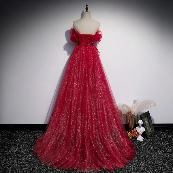 Charmant Burgunderrot Glanz Ballkleider 2021 A Linie Bandeau Perlenstickerei Strass Ärmellos Rückenfreies Sweep / Pinsel Zug Ball Festliche Kleider