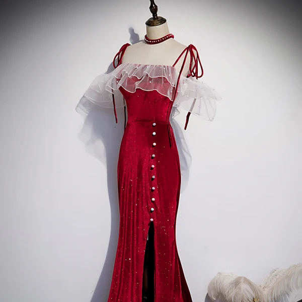 Charming Burgundy Pearl Suede Split Front Evening Dresses 2021 Trumpet / Mermaid Spaghetti Straps Sleeveless Backless Evening Party Floor-Length / Long Formal Dresses