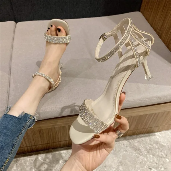 Sexy Argenté Faux Diamant Soirée Sandales Femme 2021 Bride Cheville 6 cm Talons Aiguilles Peep Toes / Bout Ouvert Sandales Talons Hauts