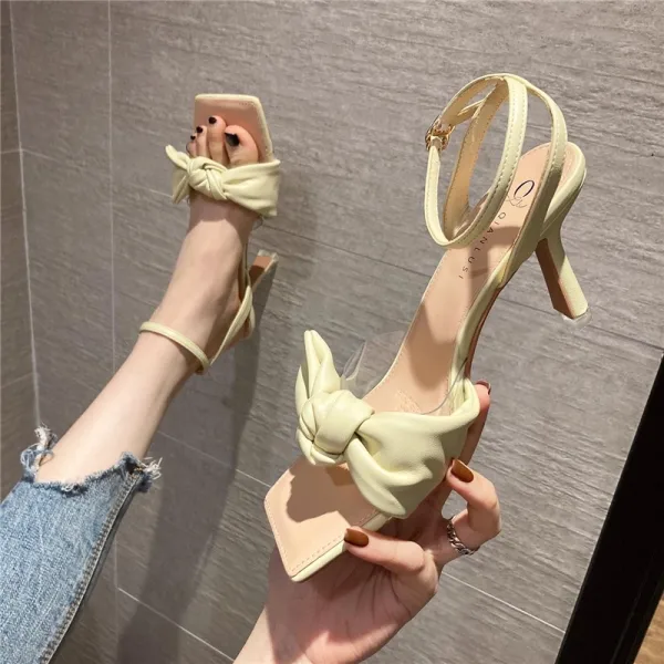 Mode Blanche Vêtement de rue Noeud Sandales Femme 2021 Bride Cheville 8 cm Talons Aiguilles Peep Toes / Bout Ouvert Sandales Talons Hauts