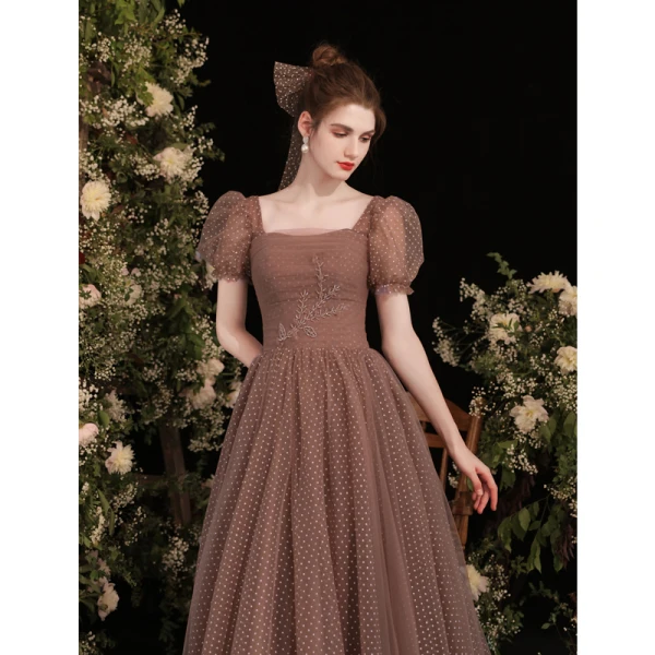 Vintage / Retro Brown Spotted Prom Dresses 2021 A-Line / Princess Square Neckline Short Sleeve Backless Floor-Length / Long Prom Formal Dresses