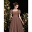 Vintage / Retro Brown Spotted Prom Dresses 2021 A-Line / Princess Square Neckline Short Sleeve Backless Floor-Length / Long Prom Formal Dresses