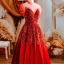 Vintage / Retro Red Sequins Prom Dresses 2021 A-Line / Princess Scoop Neck Short Sleeve Floor-Length / Long Prom Formal Dresses