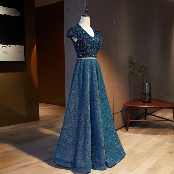 Vintage Marineblau Ballkleider 2021 A Linie V-Ausschnitt Perlenstickerei Strass Pailletten Kurze Ärmel Rückenfreies Lange Ball Festliche Kleider