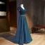 Vintage Marineblau Ballkleider 2021 A Linie V-Ausschnitt Perlenstickerei Strass Pailletten Kurze Ärmel Rückenfreies Lange Ball Festliche Kleider