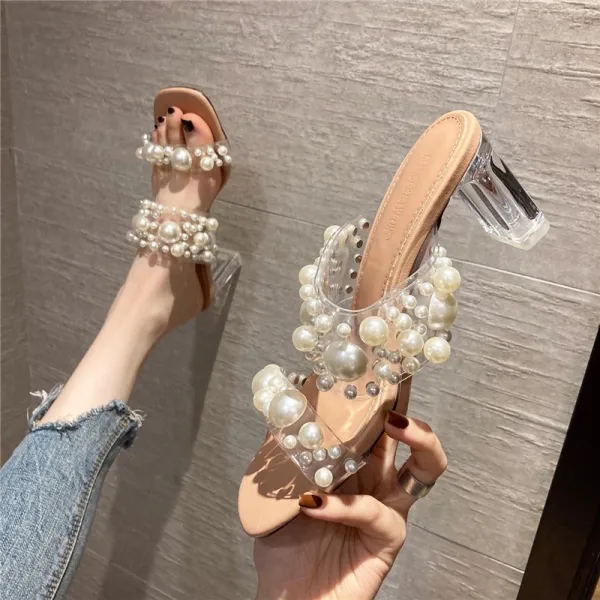 Chic / Beautiful Yellow Street Wear Pearl Womens Sandals 2021 7 cm Crystal Thick Heels Open / Peep Toe Sandals High Heels