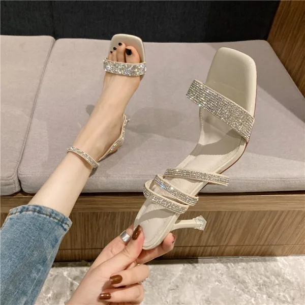 Sexy Beige Evening Party Rhinestone Womens Sandals 2021 6 cm Stiletto Heels Open / Peep Toe Sandals High Heels
