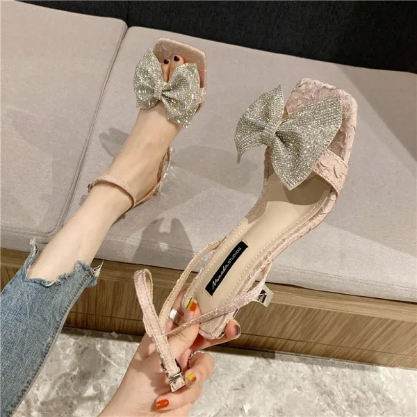 Charmant Rosa Abend Sandalen Damen 2021 Knöchelriemen Strass Schleife 5 cm Stilettos Peeptoes Sandaletten Hochhackige