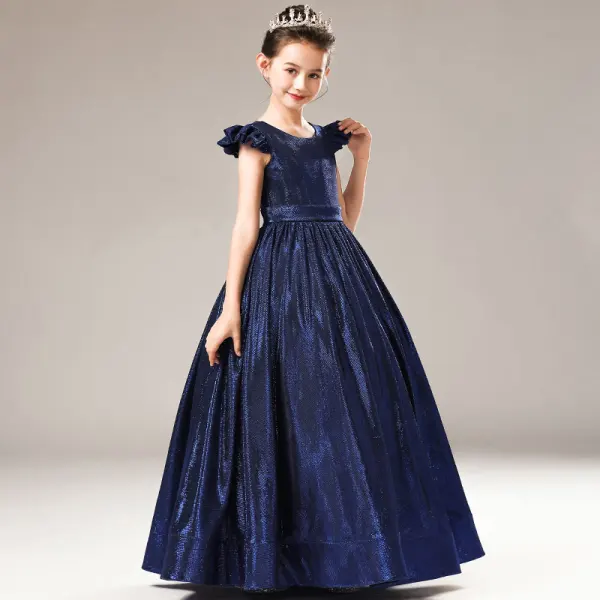 Chic / Beautiful Dark Green Sequins Evening Party Flower Girl Dresses 2021 A-Line / Princess Scoop Neck Cap Sleeves Zipper Up Floor-Length / Long