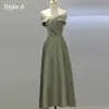 Modest / Simple Sage Green Bridesmaid Dresses 2021 A-Line / Princess Off-The-Shoulder Short Sleeve Floor-Length / Long Bridesmaid Wedding Party Dresses
