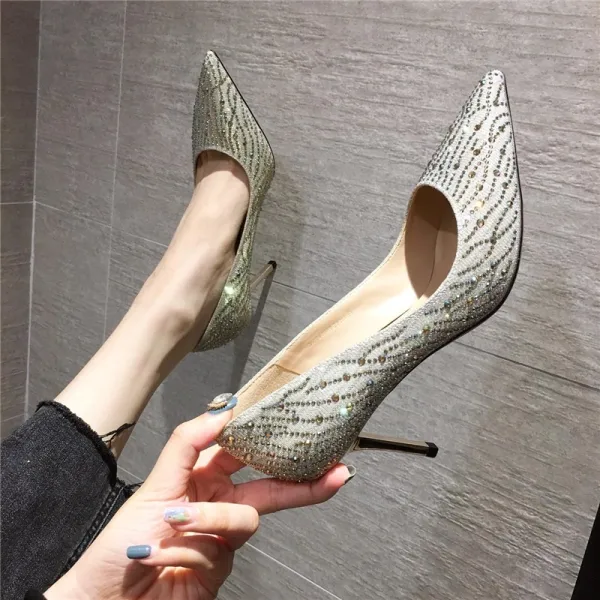 Chic / Beautiful Black Rhinestone Pumps 2021 7 cm Stiletto Heels Evening Party Pointed Toe Pumps High Heels
