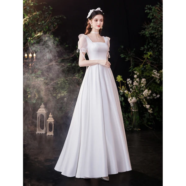 Schlicht Elegante Ivory / Creme Satin Brautkleider / Hochzeitskleider A Linie 2021 Eckiger Ausschnitt Kurze Ärmel Rückenfreies Lange Hochzeit