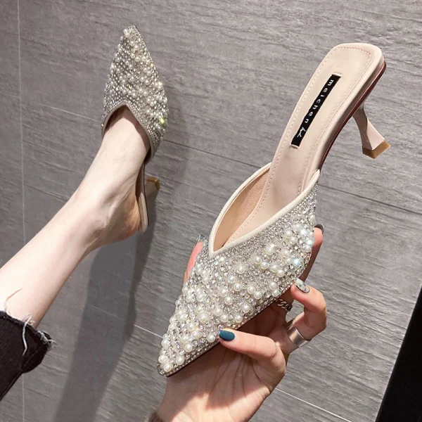 Chic / Beautiful Black Casual Pearl Rhinestone Womens Sandals 2021 6 cm Stiletto Heels Pointed Toe Sandals High Heels