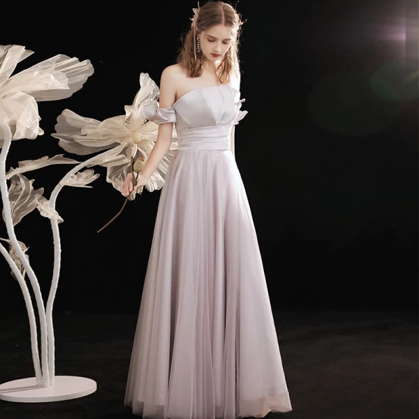Élégant Violet Gris Robe De Bal 2021 Princesse De l'épaule Manches Courtes Dos Nu Longue Promo Robe De Ceremonie