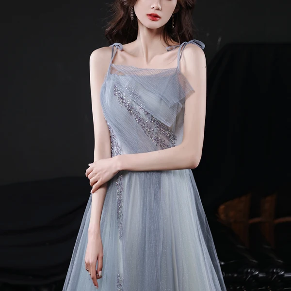 Chic / Belle Bleu Ciel Gris Paillettes Robe De Bal 2021 Princesse Bretelles Spaghetti Sans Manches Dos Nu Longue Promo Robe De Ceremonie