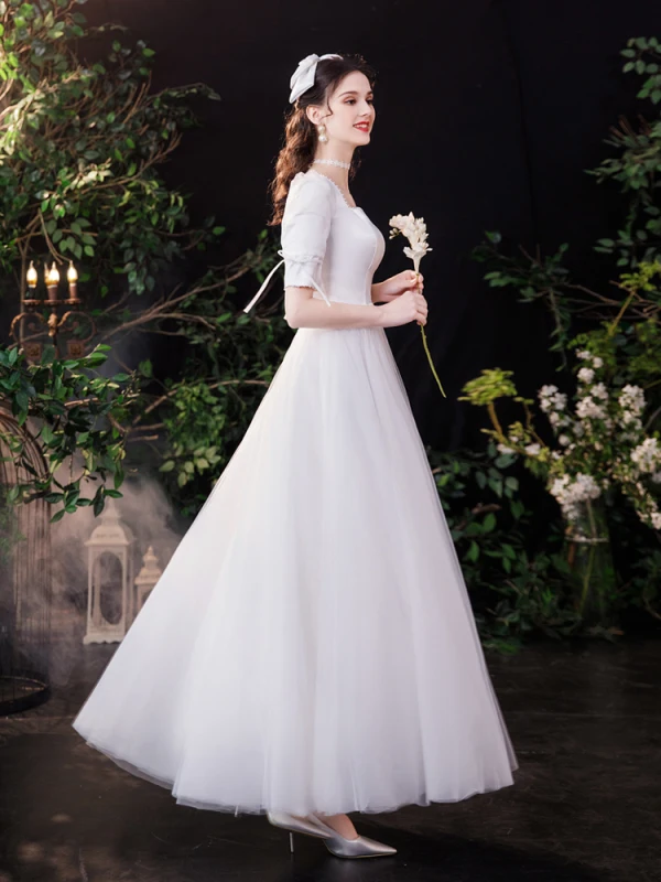 Schlicht Elegante Ivory / Creme Satin Brautkleider / Hochzeitskleider 2021 A Linie Perle Eckiger Ausschnitt 1/2 Ärmel Rückenfreies Schleife Lange Hochzeit