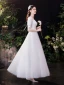 Schlicht Elegante Ivory / Creme Satin Brautkleider / Hochzeitskleider 2021 A Linie Perle Eckiger Ausschnitt 1/2 Ärmel Rückenfreies Schleife Lange Hochzeit