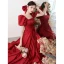 Elegant Burgundy Satin Prom Dresses 2021 A-Line / Princess Square Neckline Short Sleeve Bow Backless Floor-Length / Long Prom Formal Dresses