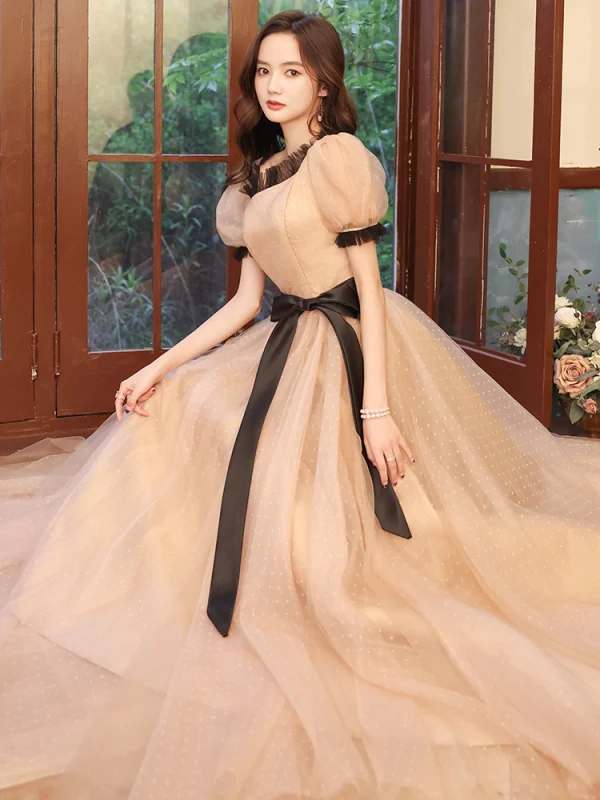 Vintage / Retro Champagne Spotted Prom Dresses 2021 A-Line / Princess Square Neckline Short Sleeve Bow Floor-Length / Long Prom Formal Dresses