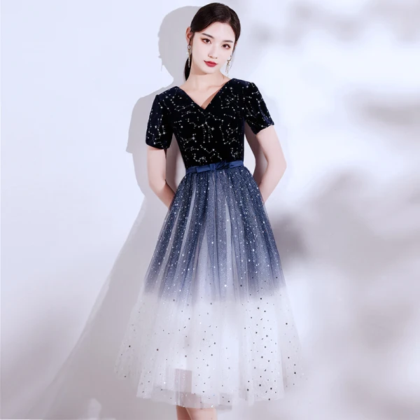 Modern / Fashion Navy Blue Suede Homecoming Graduation Dresses 2021 A-Line / Princess V-Neck Star Sequins Sash Bow Short Sleeve Tea-length Formal Dresses