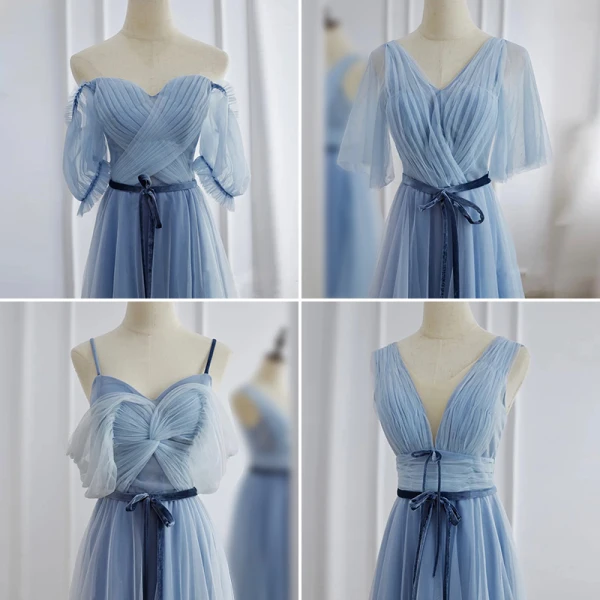 Modest / Simple Sky Blue Bridesmaid Dresses 2021 A-Line / Princess Short Sleeve Sash Bow Floor-Length / Long Bridesmaid Wedding Party Dresses