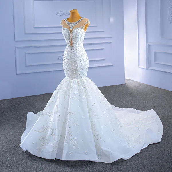 High-end White Wedding Dresses 2021 Trumpet / Mermaid Scoop Neck Crystal Rhinestone Cap Sleeves Cathedral Train Wedding