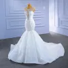 High End Weiß Brautkleider / Hochzeitskleider 2021 Meerjungfrau Rundhalsausschnitt Kristall Strass Ärmel Kathedrale Schleppe Hochzeit