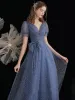 Fashion Ocean Blue Glitter Starry Sky Prom Dresses 2021 A-Line / Princess V-Neck Beading Pearl Sequins Short Sleeve Bow Backless Prom