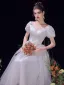 Modest / Simple Ivory Wedding Dresses 2021 A-Line / Princess Bow V-Neck Short Sleeve Backless Tea-length Wedding