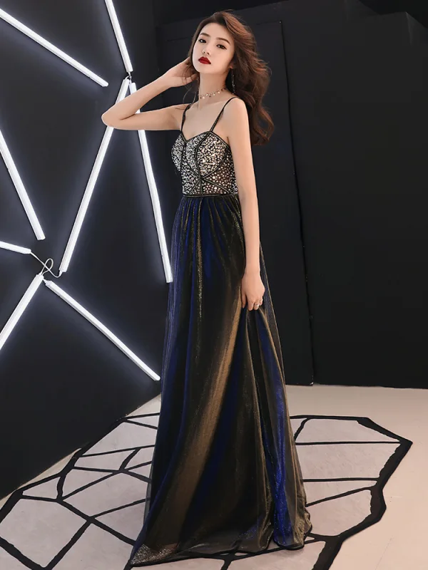 Sexy Noire Faux Diamant Paillettes Robe De Bal 2021 Princesse Bretelles Spaghetti Sans Manches Dos Nu Longue Soirée Robe De Ceremonie