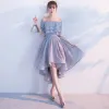 Glitter Silver Cocktail Dresses 2017 Off-The-Shoulder Ruffle Asymmetrical Formal Dresses