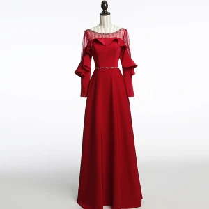 Moderne Mode Bordeaux Transparentes Robe De Soirée 2018 Princesse Encolure Dégagée Manches Longues Perlage Ceinture Longue Volants Dos Nu Robe De Ceremonie