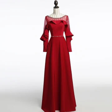 Moderne Mode Bordeaux Transparentes Robe De Soirée 2018 Princesse Encolure Dégagée Manches Longues Perlage Ceinture Longue Volants Dos Nu Robe De Ceremonie